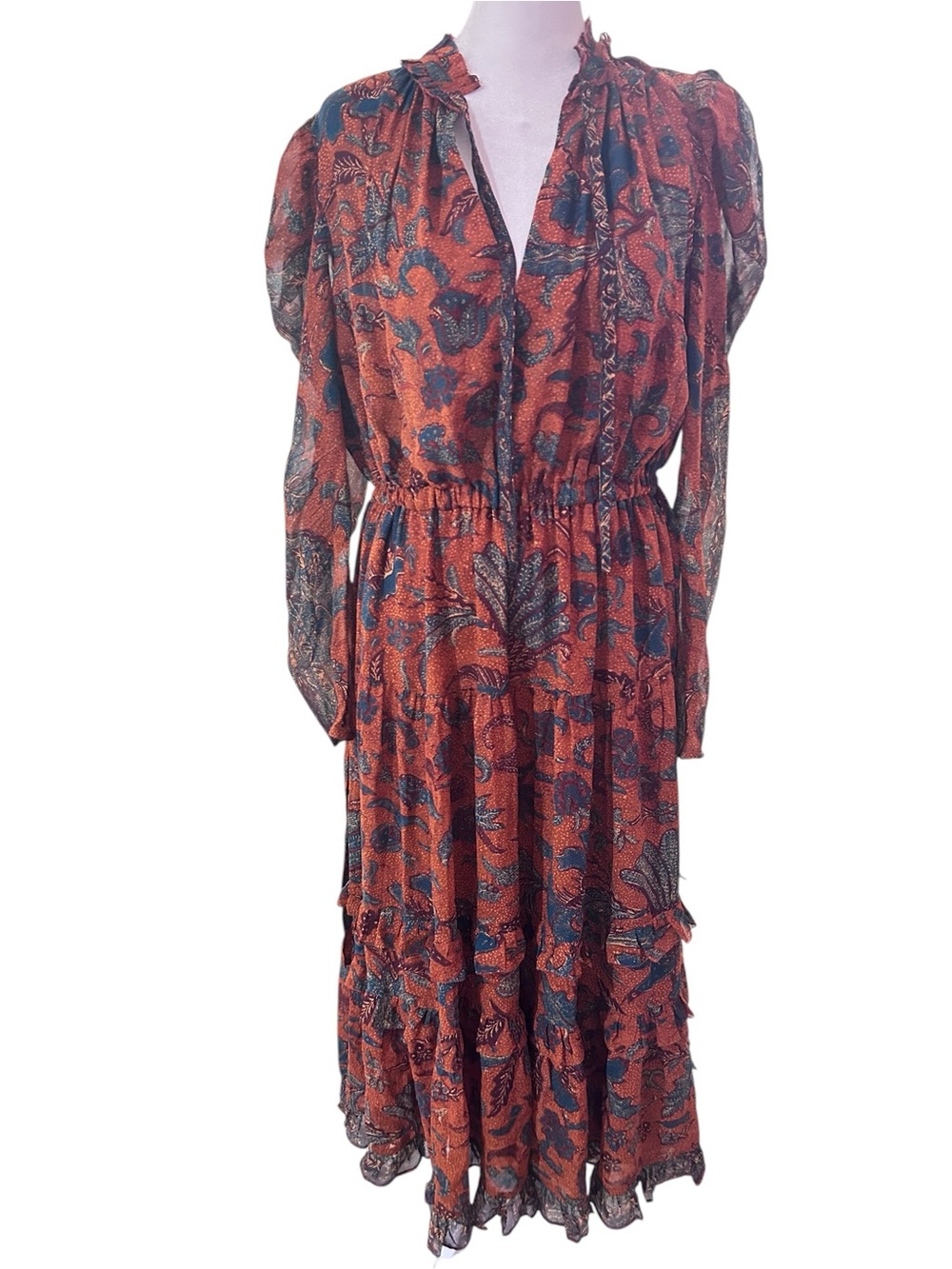 Ulla Johnson Beatrice Silk Dress Sz 8 Baked Clay Floral Tiered Midi Boho